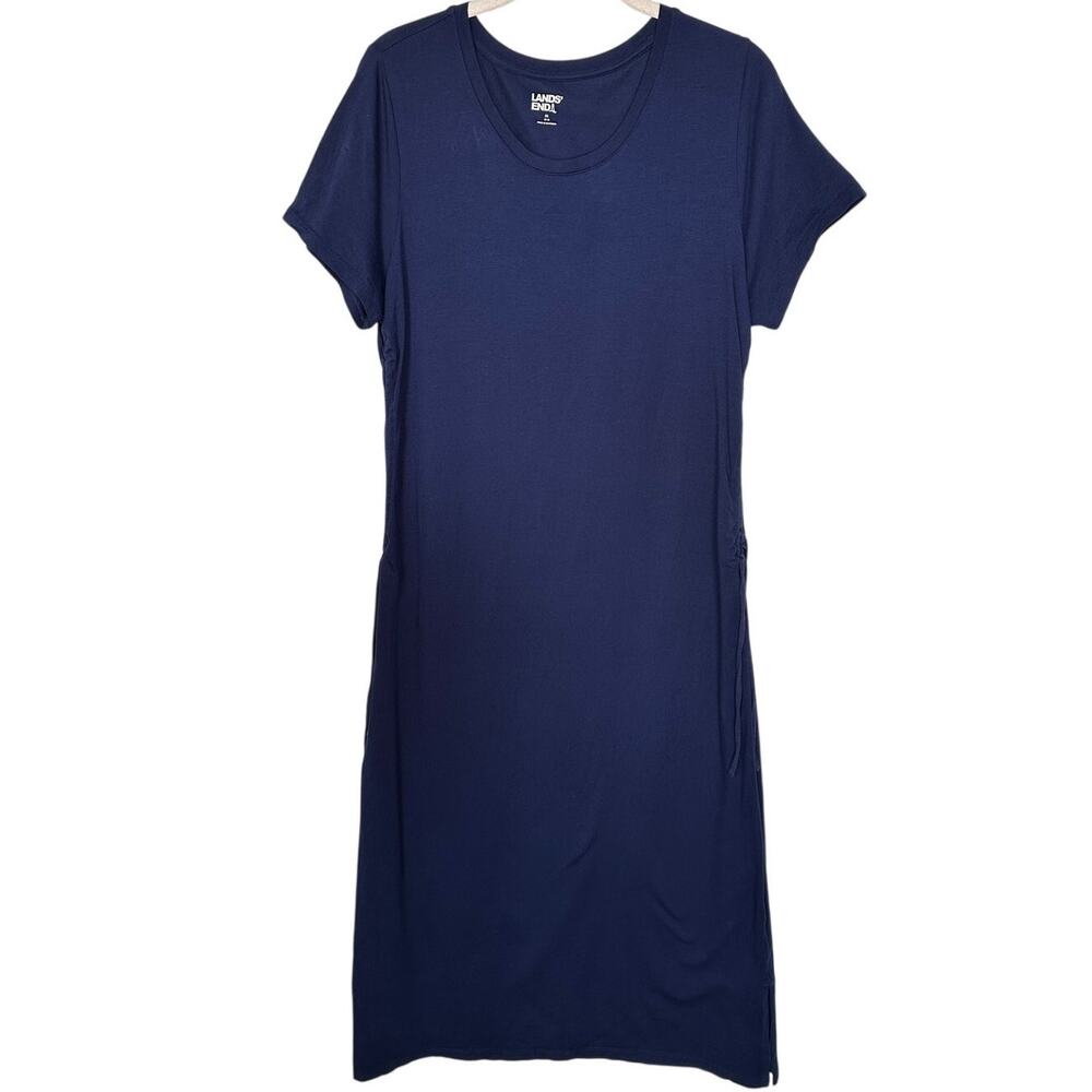 Land's End Navy Blue Ruched Side Cotton T-Shirt Midi Dress Size Medium 10-12